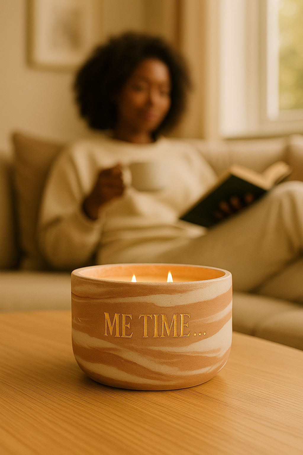 Handcrafted Me Time candle glowing in a warm, peaceful setting